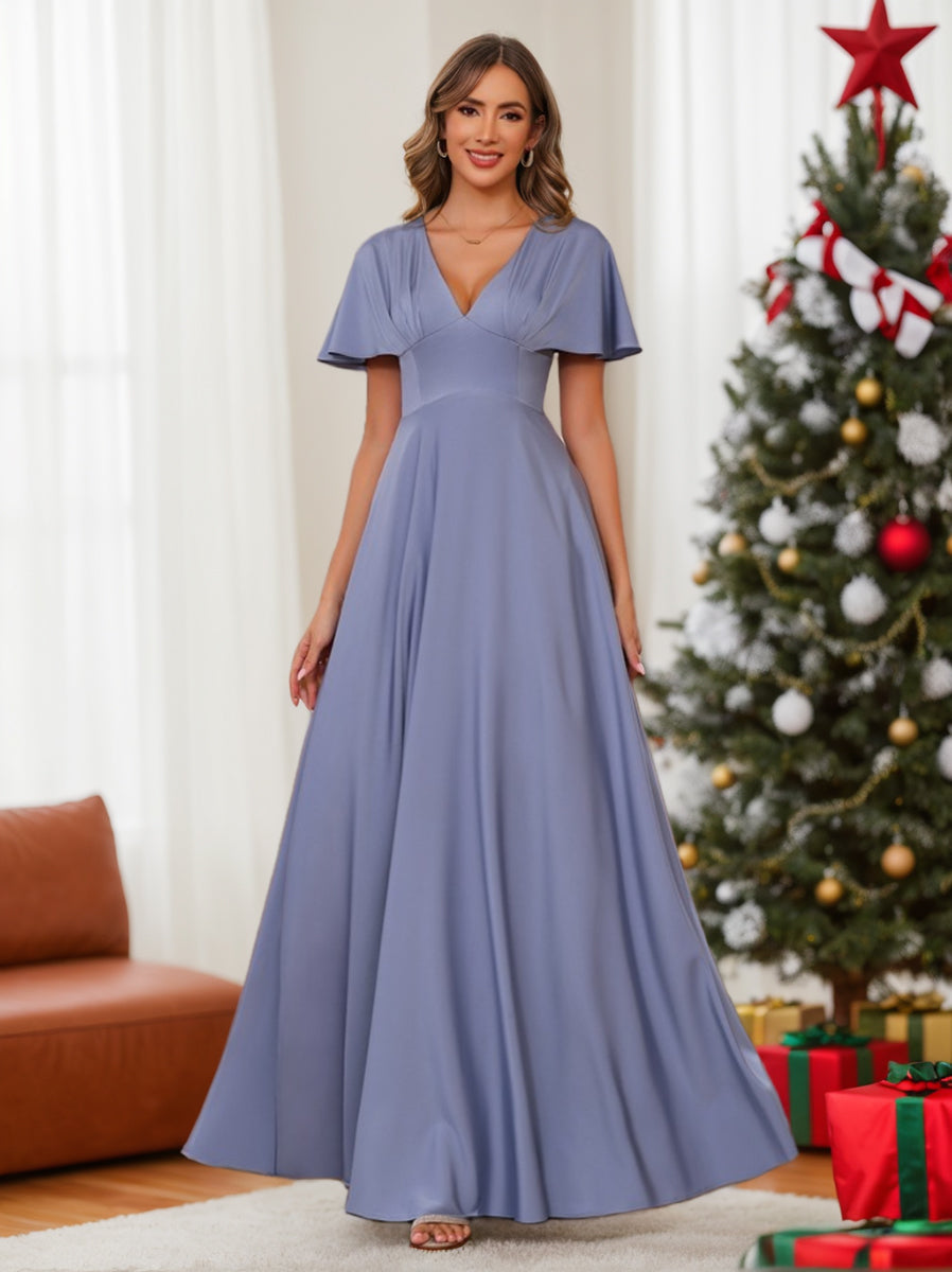 V Neck A Line Long Mother of the Bride Dress with Short Sleeves and Ruffles