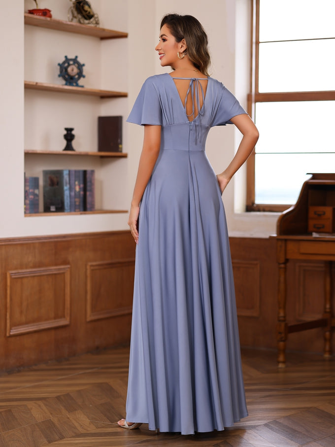V Neck A Line Long Mother of the Bride Dress with Short Sleeves and Ruffles