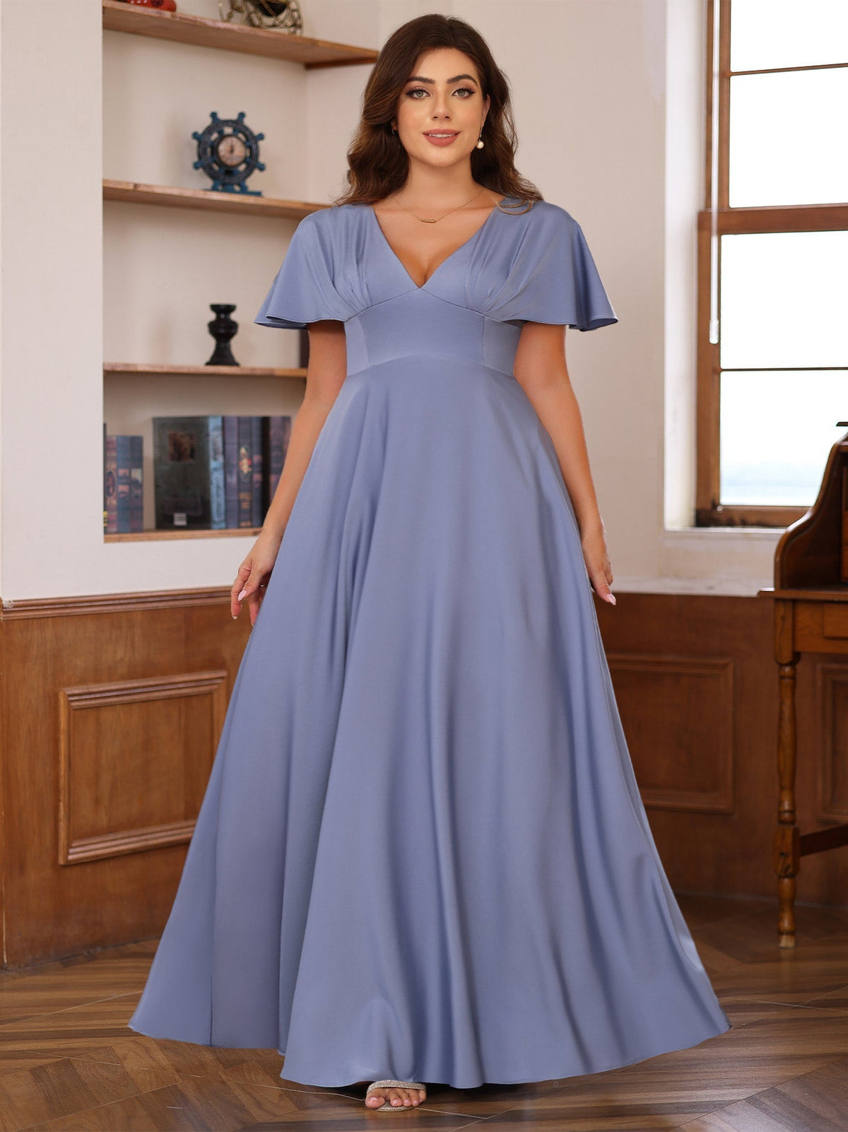 V Neck A Line Long Mother of the Bride Dress with Short Sleeves and Ruffles