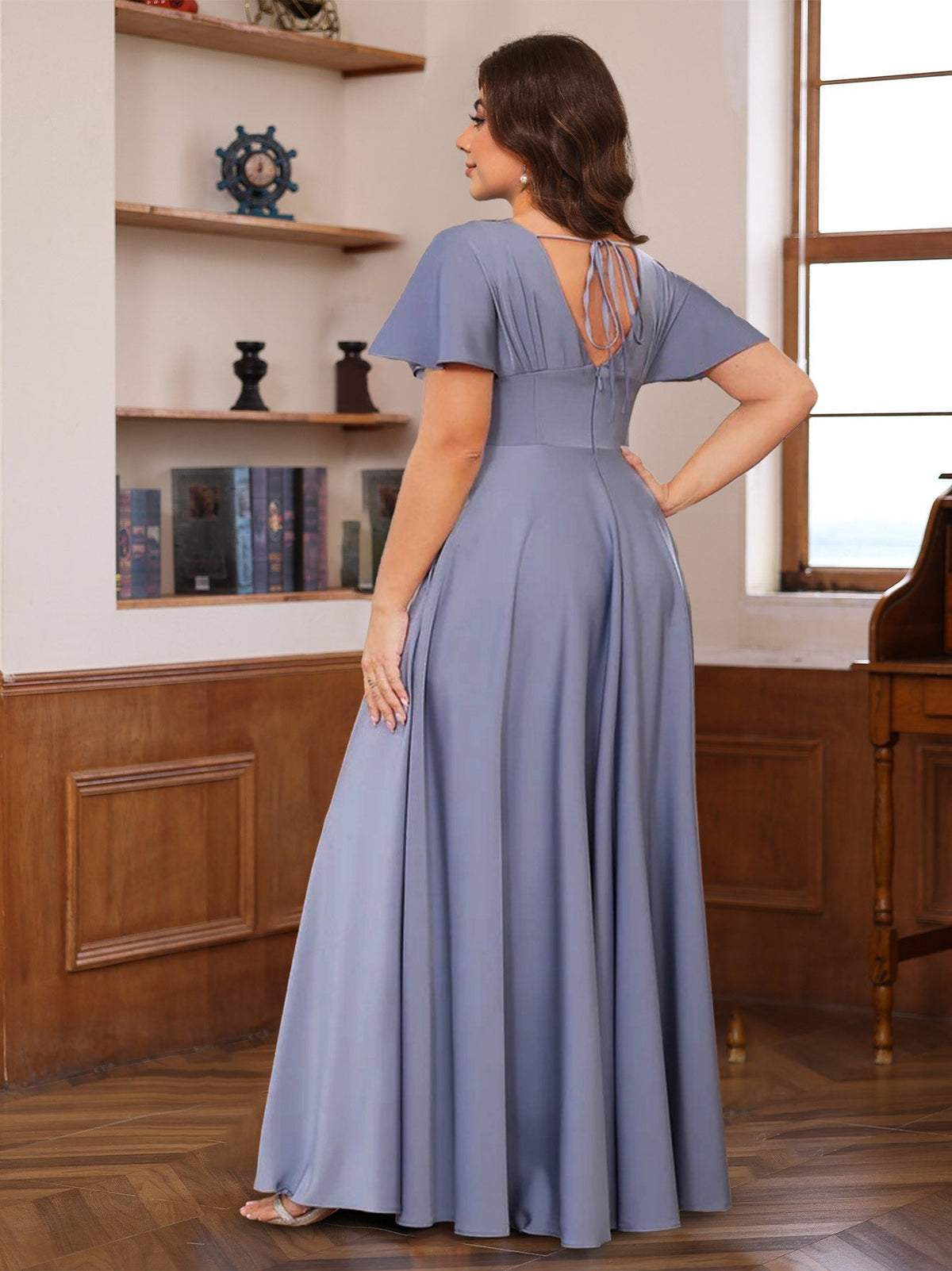 V Neck A Line Long Mother of the Bride Dress with Short Sleeves and Ruffles