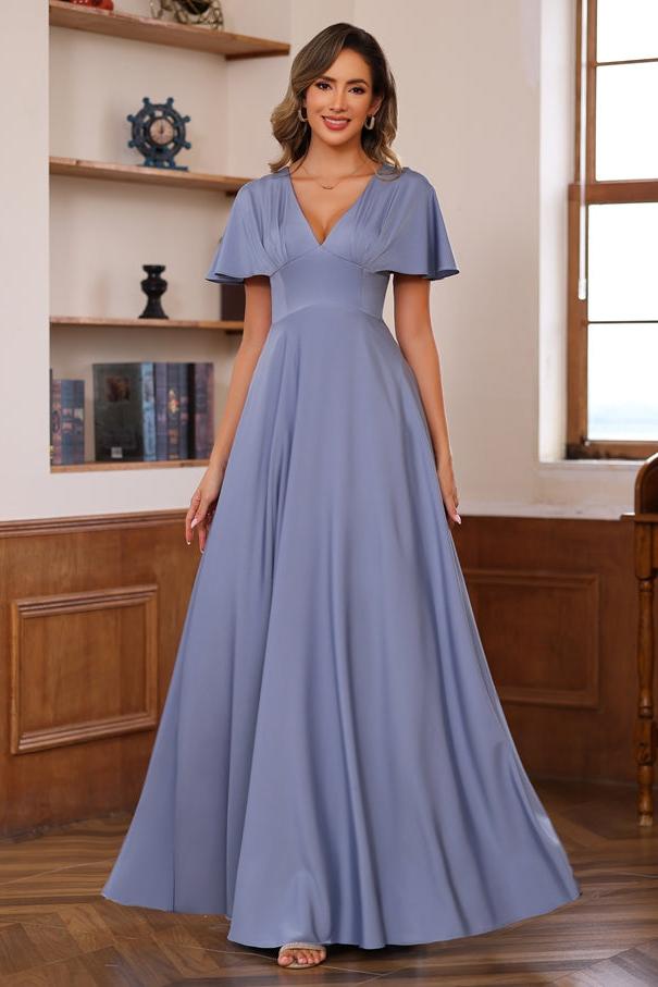 V Neck A Line Long Mother of the Bride Dress with Short Sleeves and Ruffles