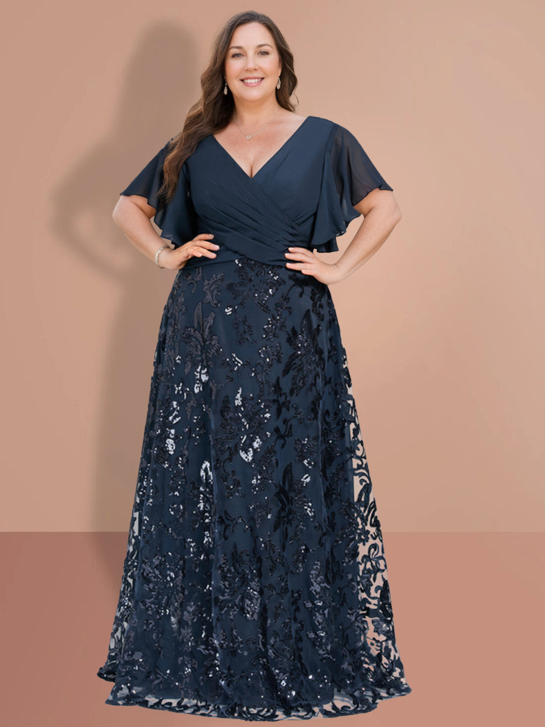 V Neck A Line Long Mother of the Bride Dress with Short Sleeves and Sequins