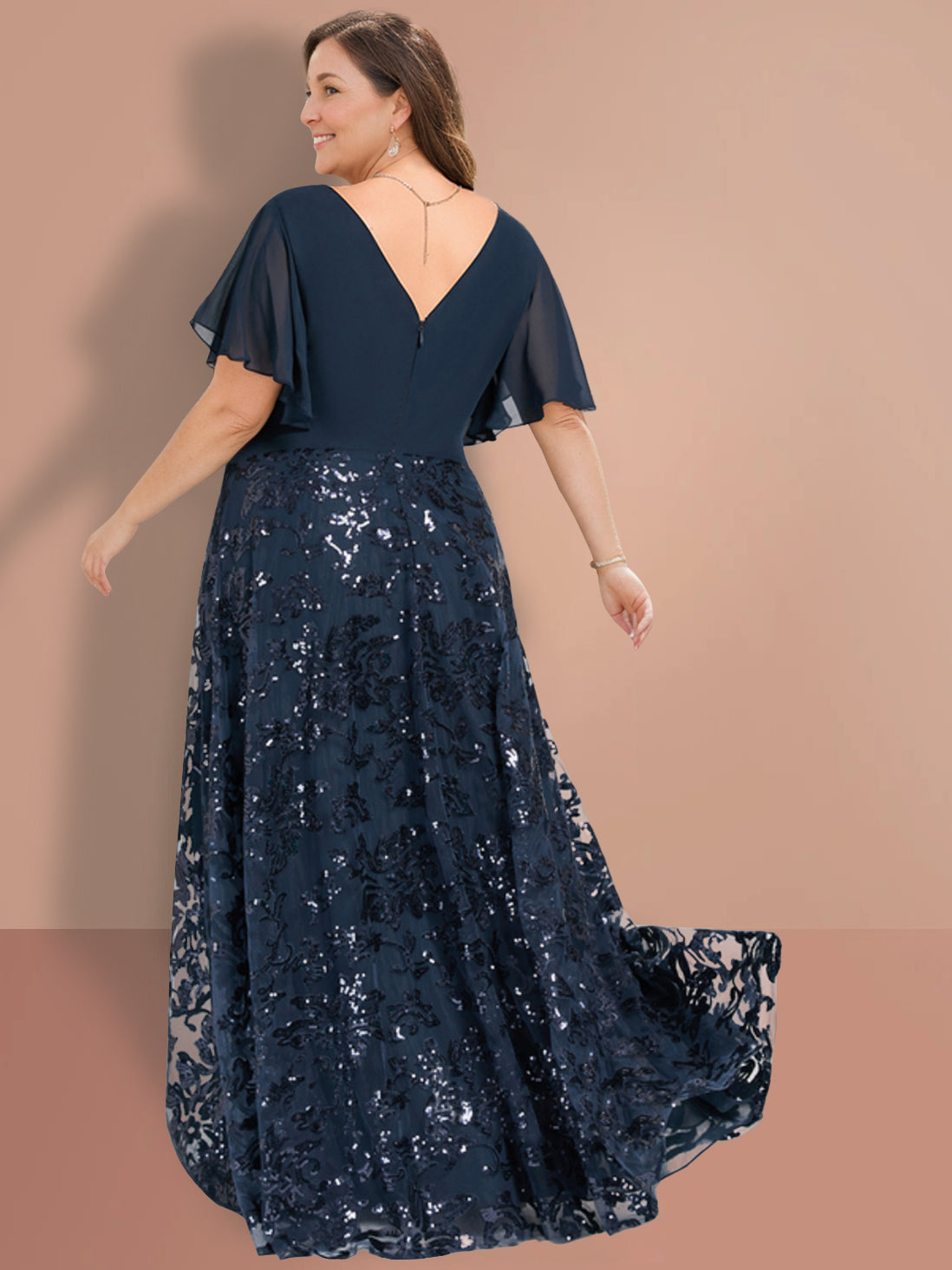 V Neck A Line Long Mother of the Bride Dress with Short Sleeves and Sequins