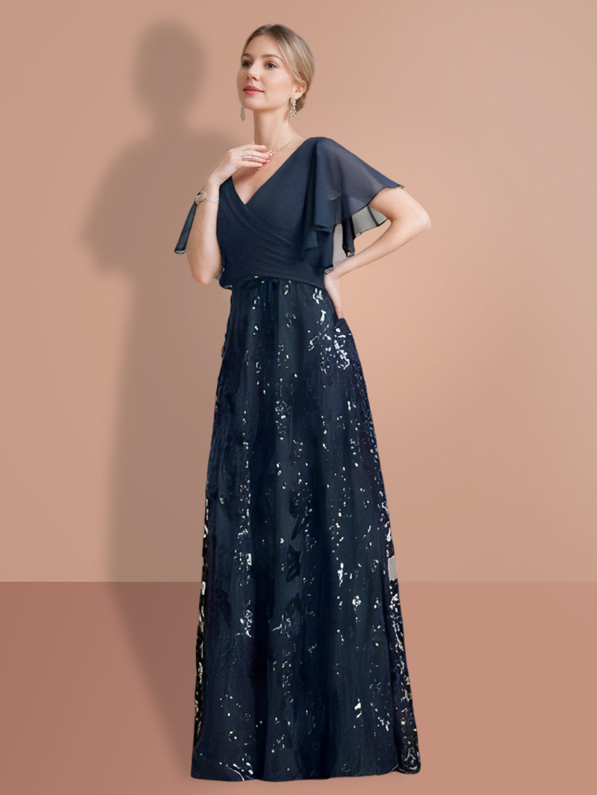 V Neck A Line Long Mother of the Bride Dress with Short Sleeves and Sequins