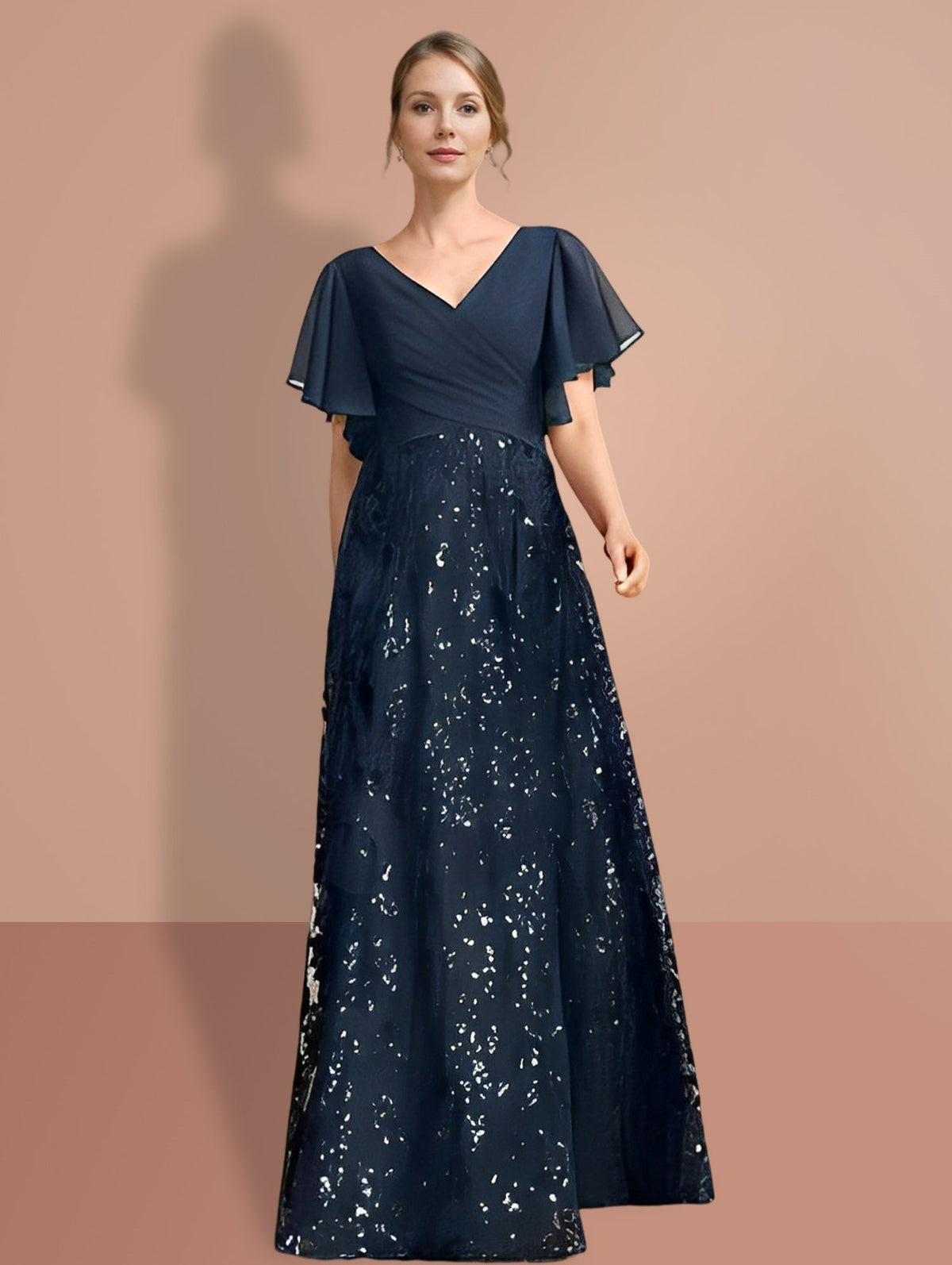 V Neck A Line Long Mother of the Bride Dress with Short Sleeves and Sequins
