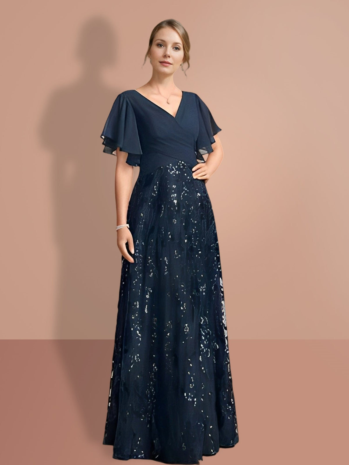 V Neck A Line Long Mother of the Bride Dress with Short Sleeves and Sequins