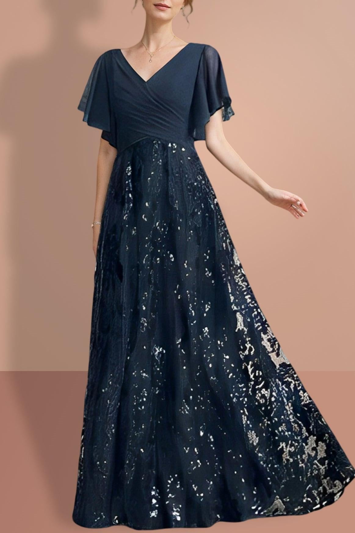 V Neck A Line Long Mother of the Bride Dress with Short Sleeves and Sequins