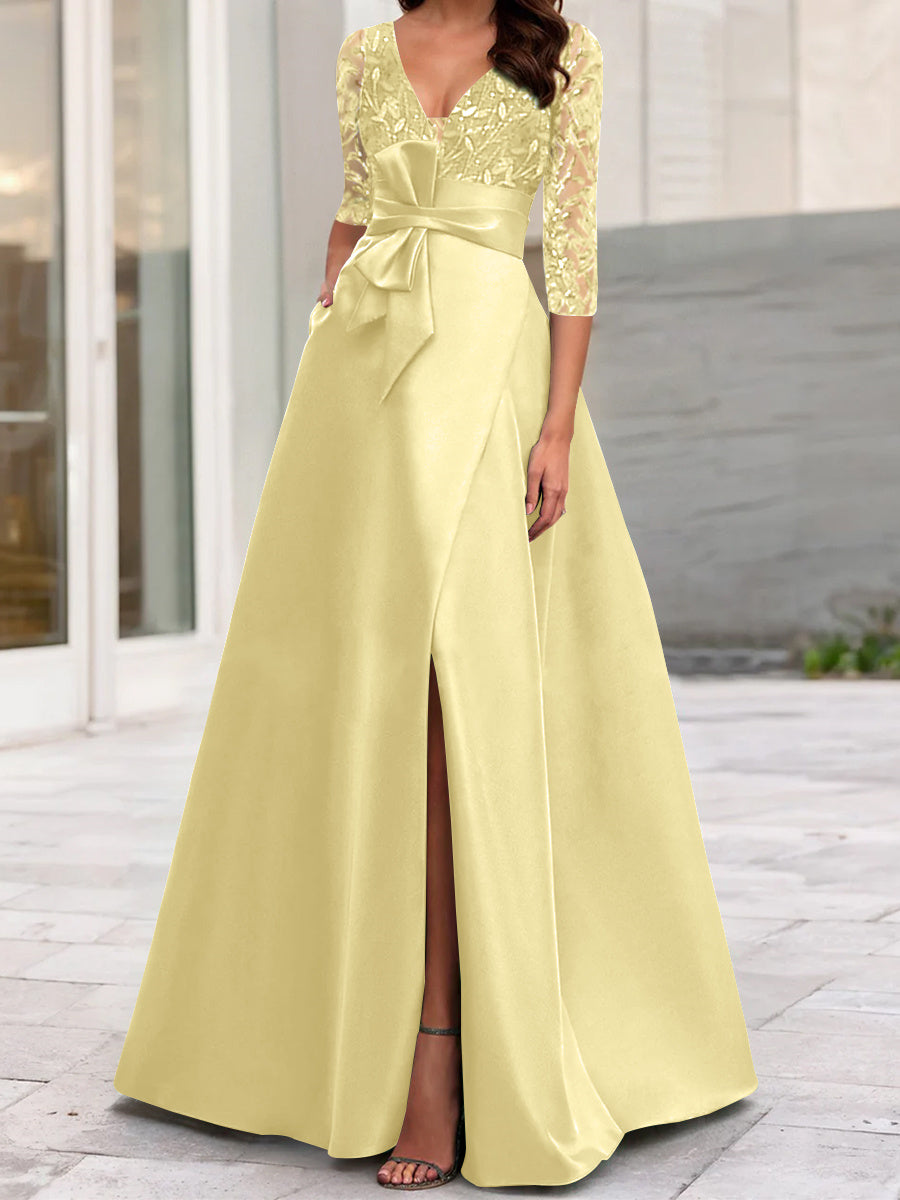 V Neck A Line Long Mother of the Bride Gown with Side Split Ruffles and Sequined Bow(s)