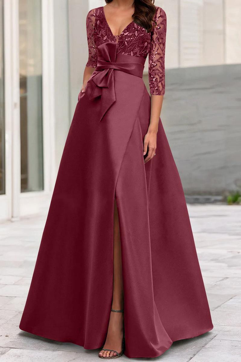 V Neck A Line Long Mother of the Bride Gown with Side Split Ruffles and Sequined Bow(s)