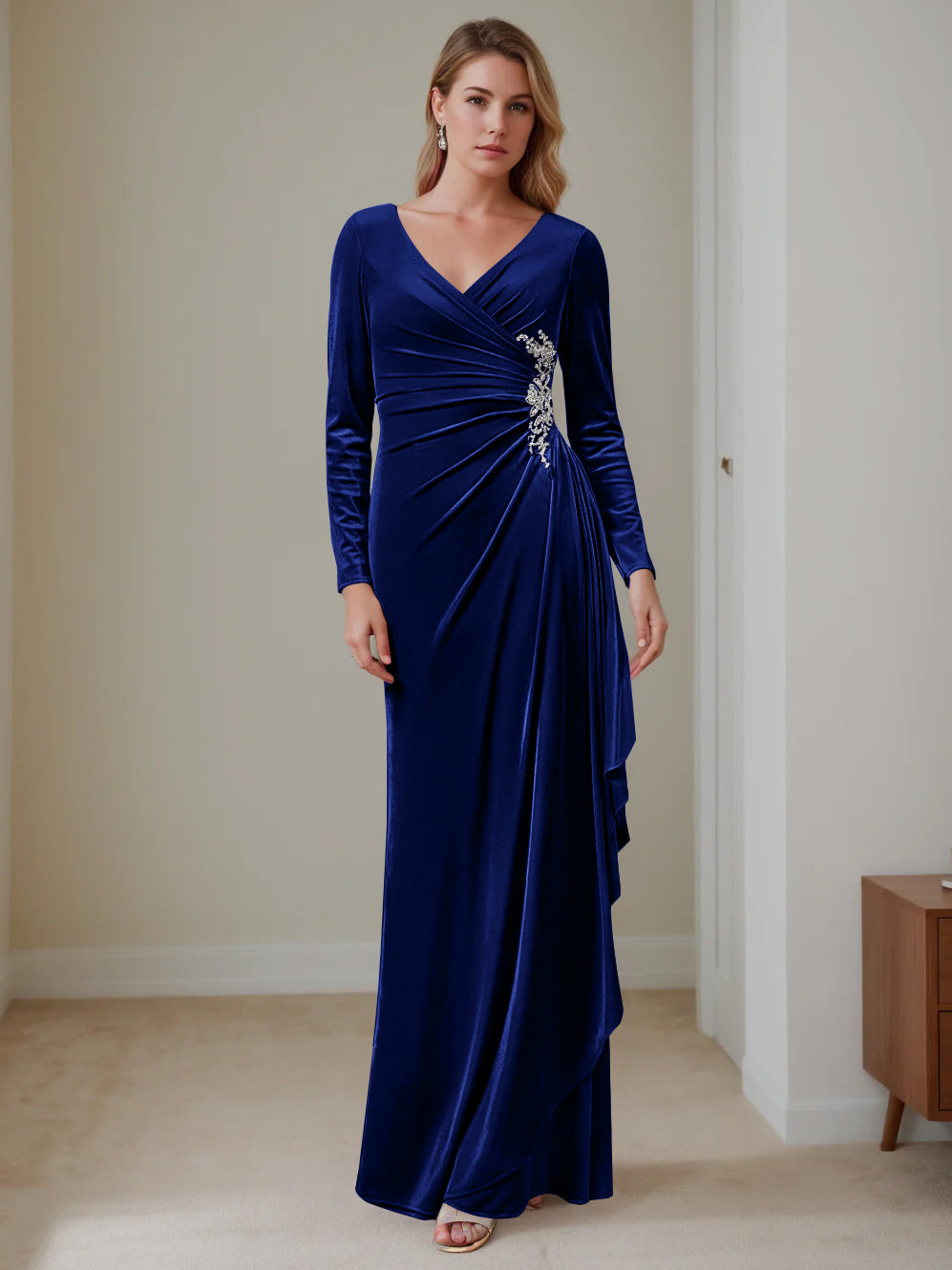 V Neck A Line Long Velvet Mother of the Bride Dress with Ruffled Long Sleeves