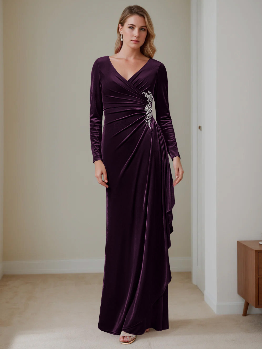 V Neck A Line Long Velvet Mother of the Bride Dress with Ruffled Long Sleeves