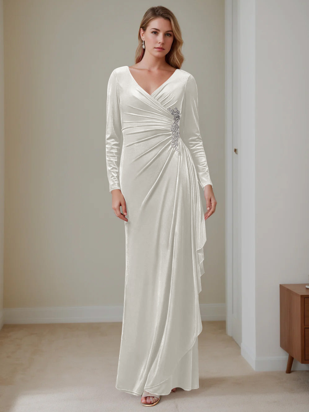 V Neck A Line Long Velvet Mother of the Bride Dress with Ruffled Long Sleeves