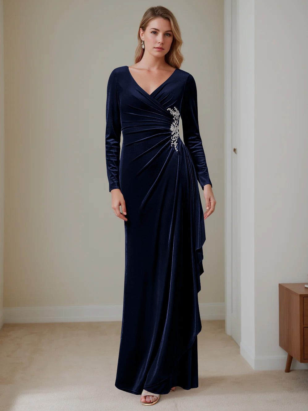 V Neck A Line Long Velvet Mother of the Bride Dress with Ruffled Long Sleeves