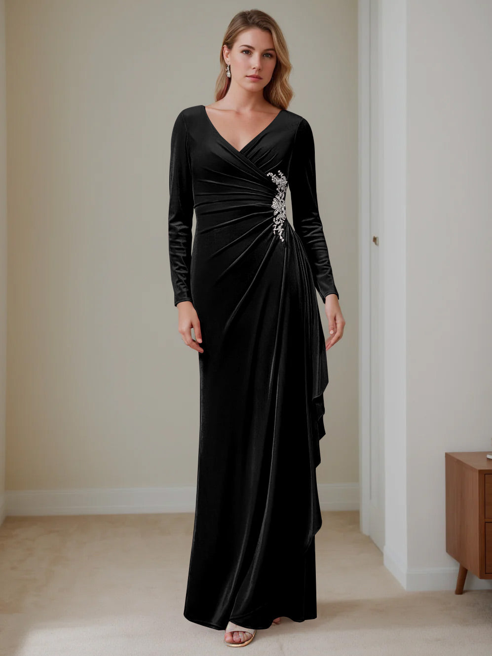 V Neck A Line Long Velvet Mother of the Bride Dress with Ruffled Long Sleeves
