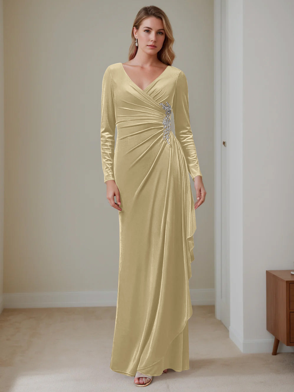 V Neck A Line Long Velvet Mother of the Bride Dress with Ruffled Long Sleeves