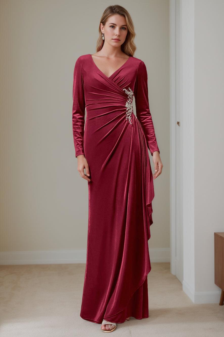V Neck A Line Long Velvet Mother of the Bride Dress with Ruffled Long Sleeves