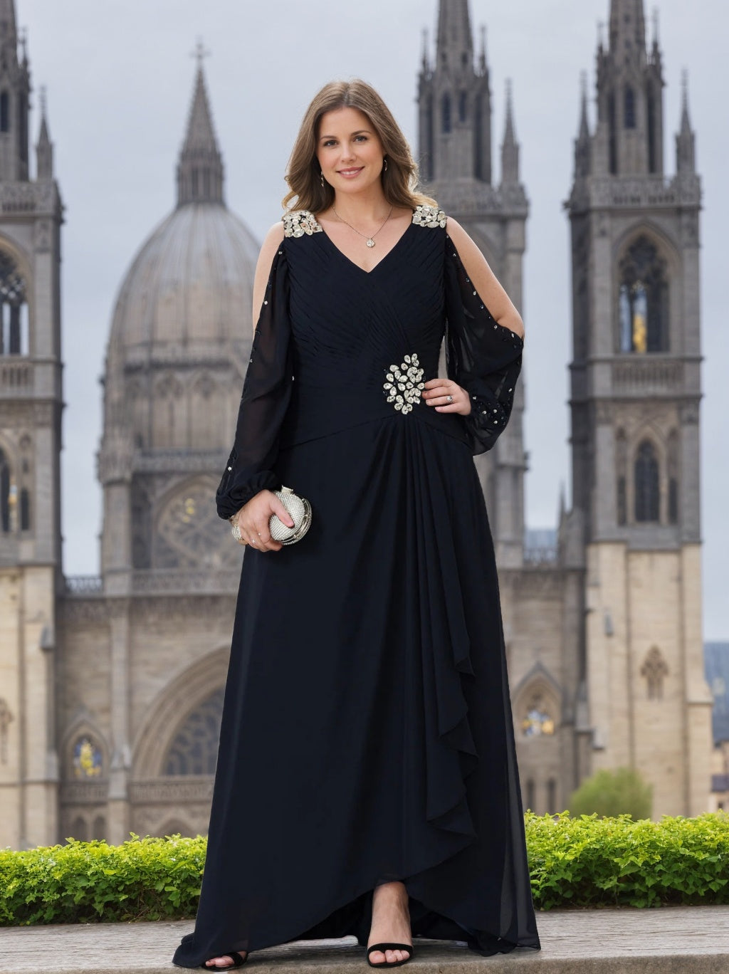 V Neck A Line Gown for the Mother of the Bride Embellished with Rhinestones