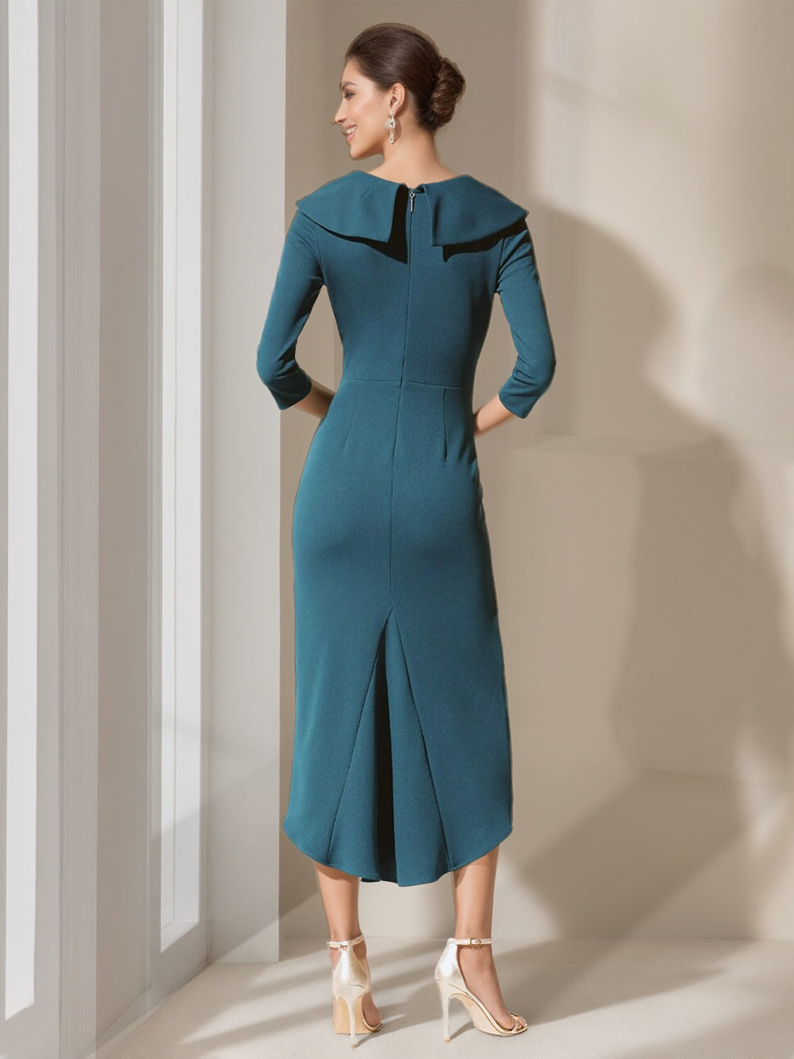 V Neck A Line Gown with 3/4 Sleeves and Asymmetrical Ruffle for the Mother of the Bride
