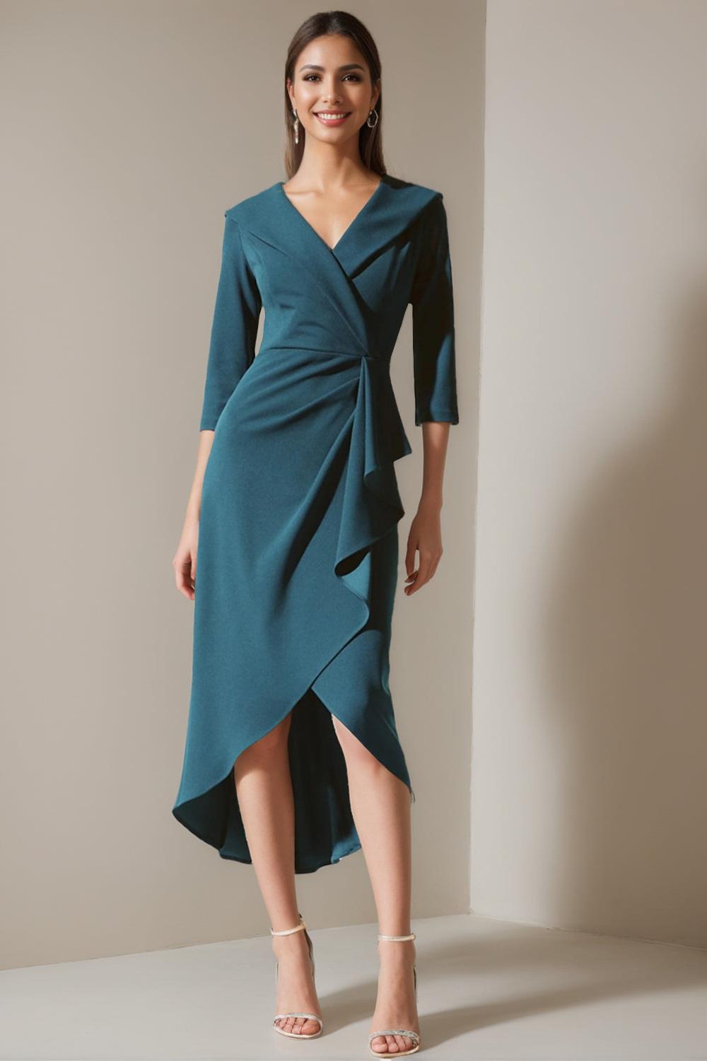 V Neck A Line Gown with 3/4 Sleeves and Asymmetrical Ruffle for the Mother of the Bride