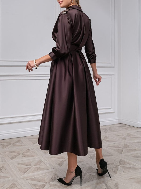 V Neck A Line Gown with 3/4 Sleeves and Beading for the Mother of the Bride