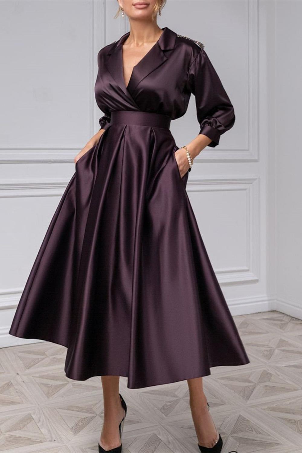 V Neck A Line Gown with 3/4 Sleeves and Beading for the Mother of the Bride