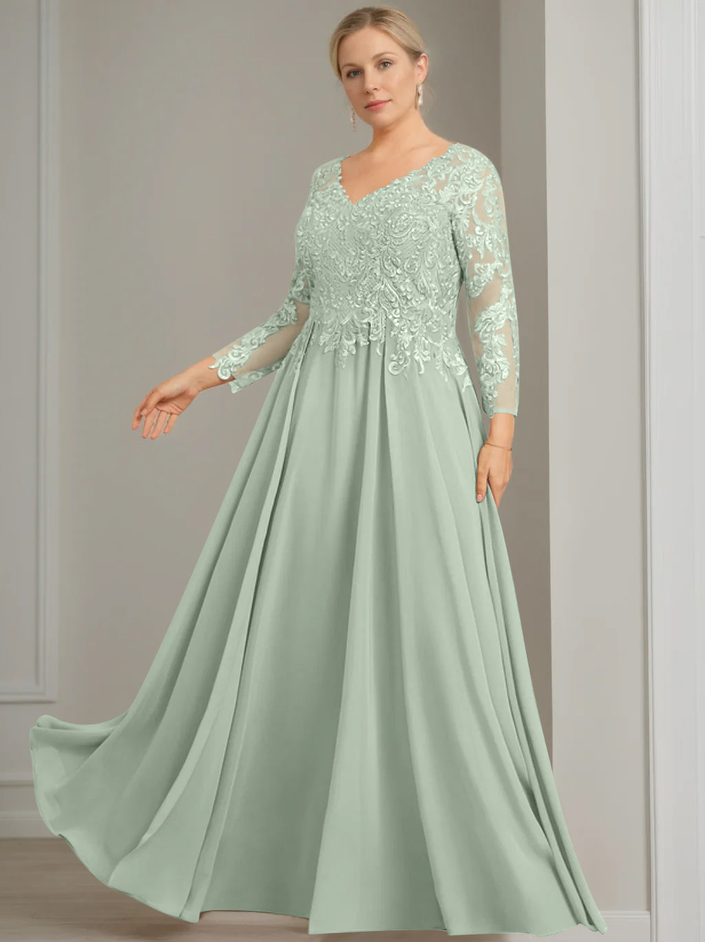 V Neck A Line Gown with 3/4 Sleeves and Sequins for Plus Size Mother of the Bride