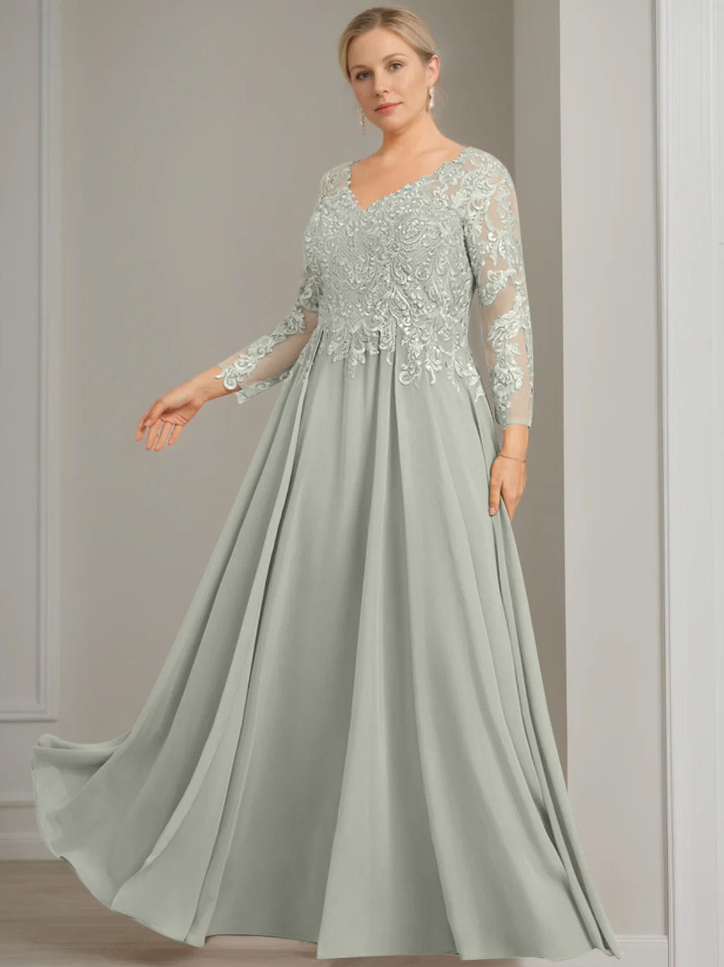 V Neck A Line Gown with 3/4 Sleeves and Sequins for Plus Size Mother of the Bride