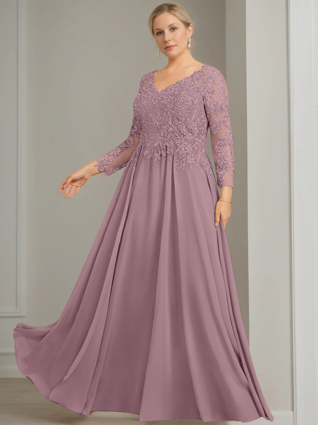 V Neck A Line Gown with 3/4 Sleeves and Sequins for Plus Size Mother of the Bride