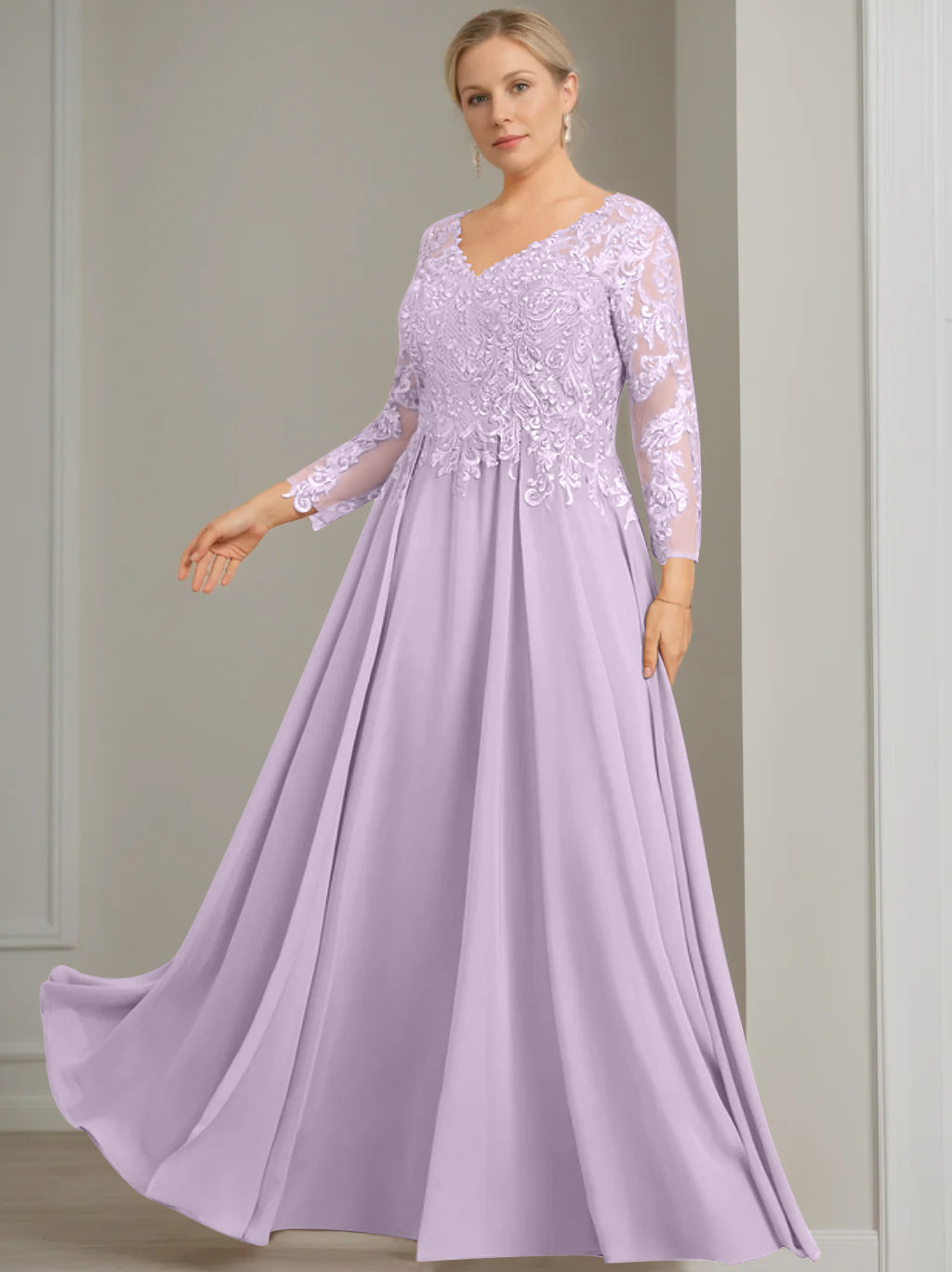 V Neck A Line Gown with 3/4 Sleeves and Sequins for Plus Size Mother of the Bride