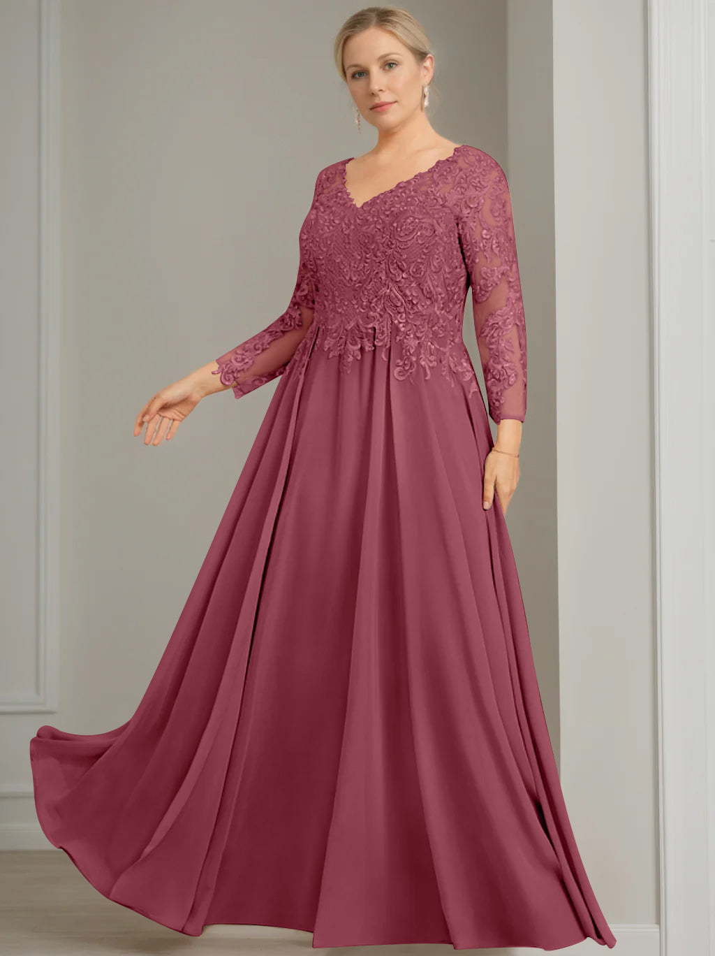 V Neck A Line Gown with 3/4 Sleeves and Sequins for Plus Size Mother of the Bride
