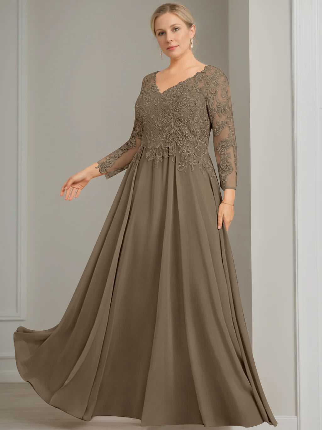 V Neck A Line Gown with 3/4 Sleeves and Sequins for Plus Size Mother of the Bride