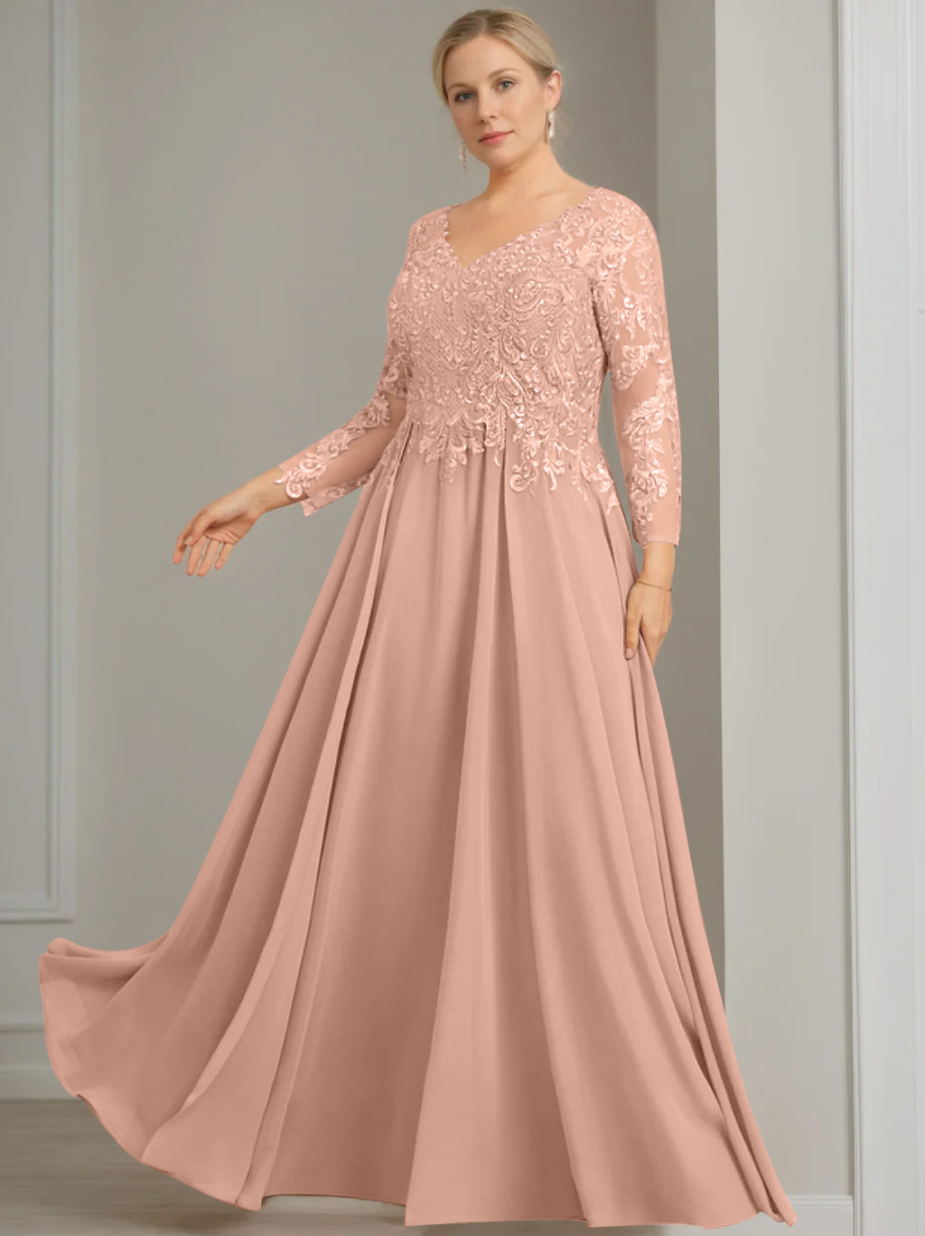 V Neck A Line Gown with 3/4 Sleeves and Sequins for Plus Size Mother of the Bride