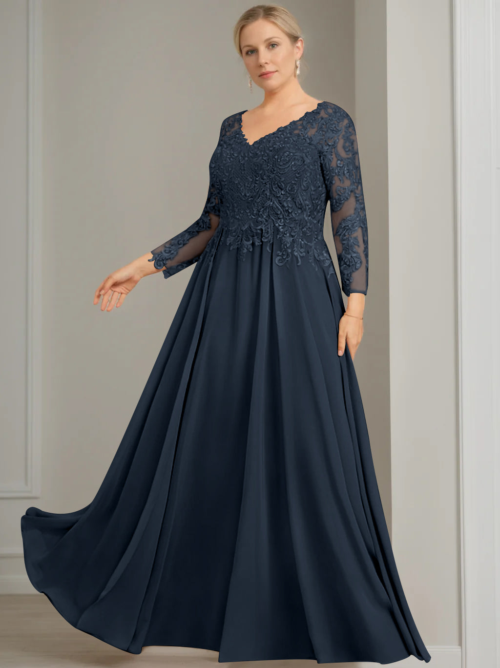 V Neck A Line Gown with 3/4 Sleeves and Sequins for Plus Size Mother of the Bride