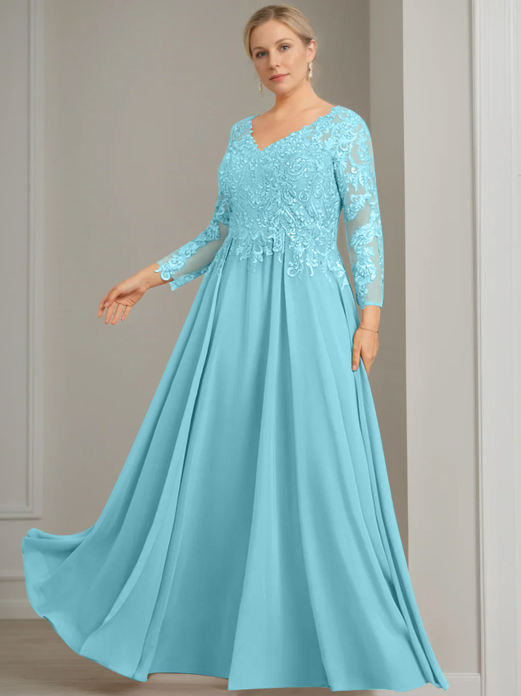 V Neck A Line Gown with 3/4 Sleeves and Sequins for Plus Size Mother of the Bride
