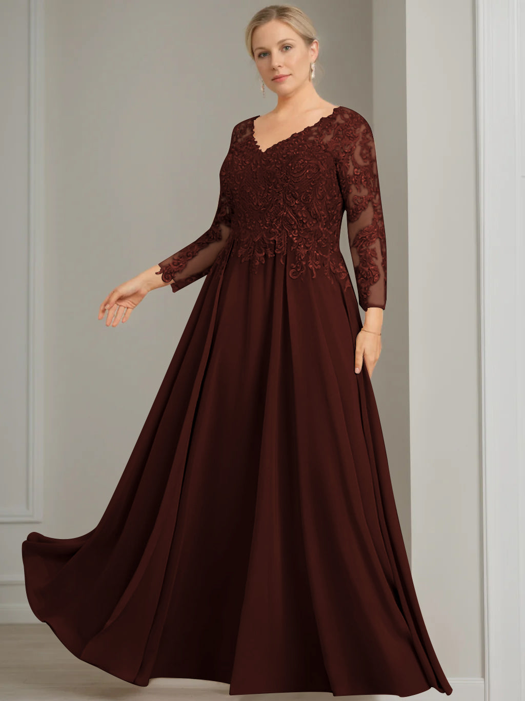 V Neck A Line Gown with 3/4 Sleeves and Sequins for Plus Size Mother of the Bride
