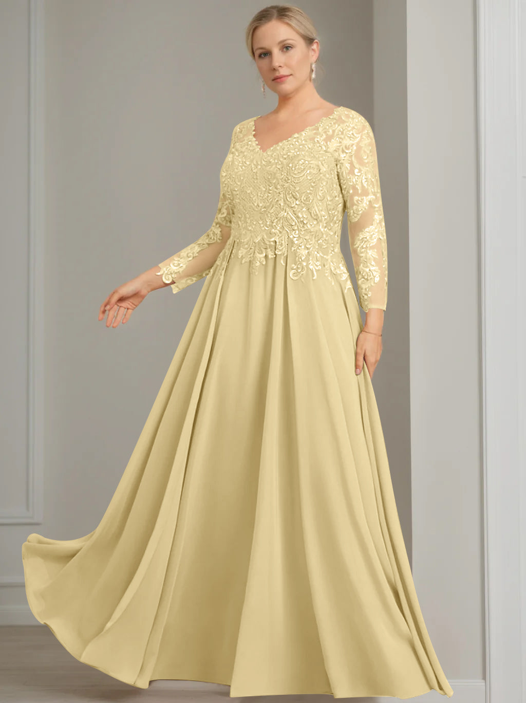 V Neck A Line Gown with 3/4 Sleeves and Sequins for Plus Size Mother of the Bride