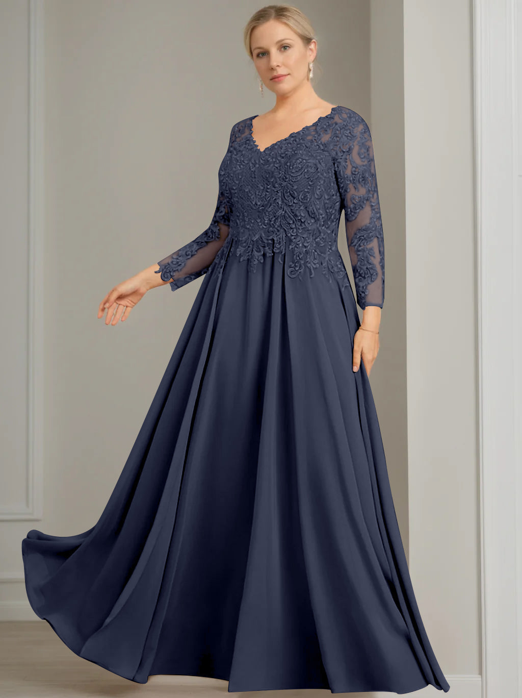 V Neck A Line Gown with 3/4 Sleeves and Sequins for Plus Size Mother of the Bride