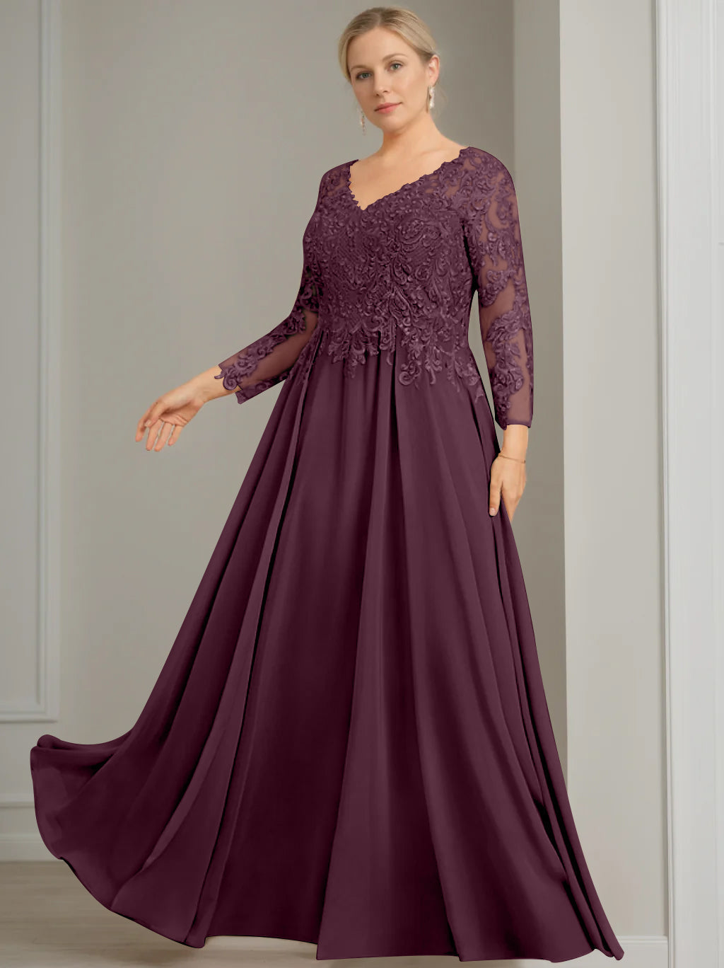 V Neck A Line Gown with 3/4 Sleeves and Sequins for Plus Size Mother of the Bride