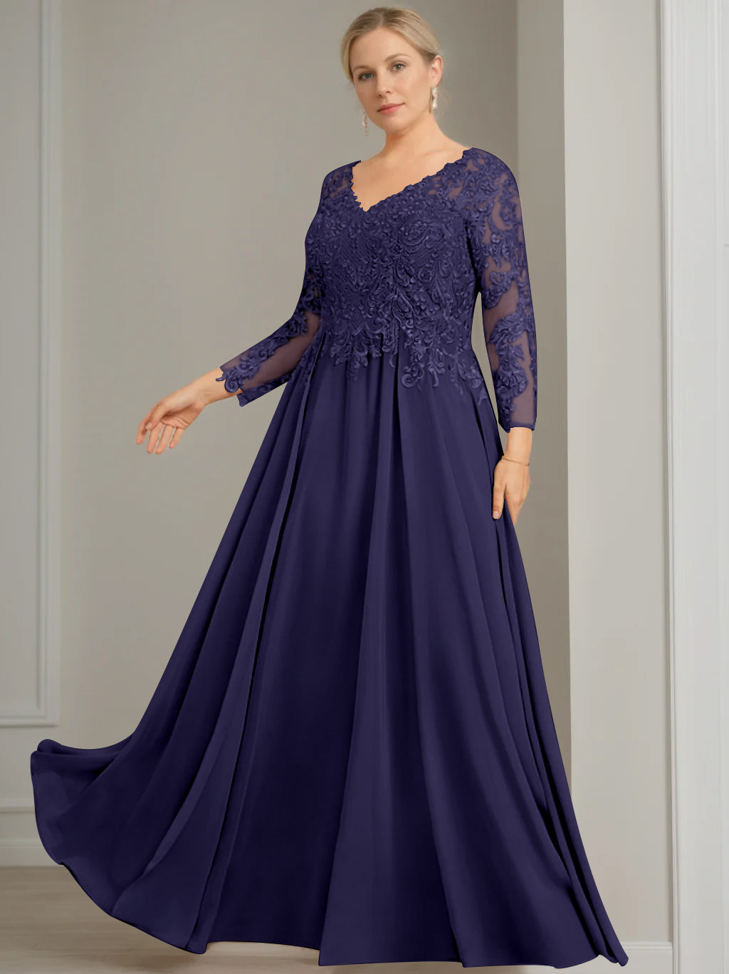 V Neck A Line Gown with 3/4 Sleeves and Sequins for Plus Size Mother of the Bride