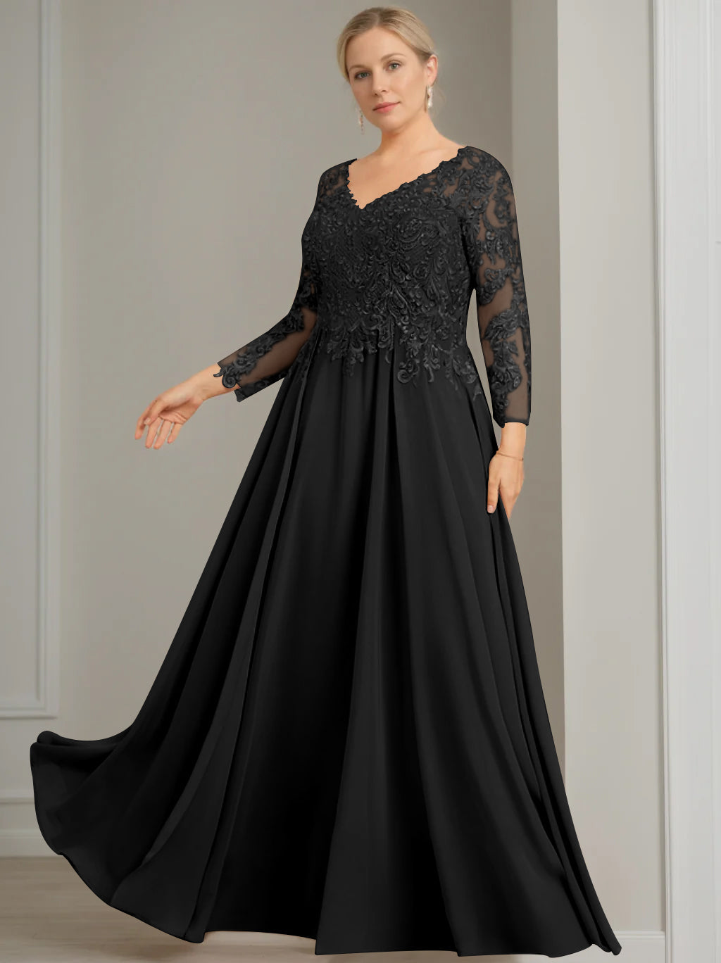 V Neck A Line Gown with 3/4 Sleeves and Sequins for Plus Size Mother of the Bride