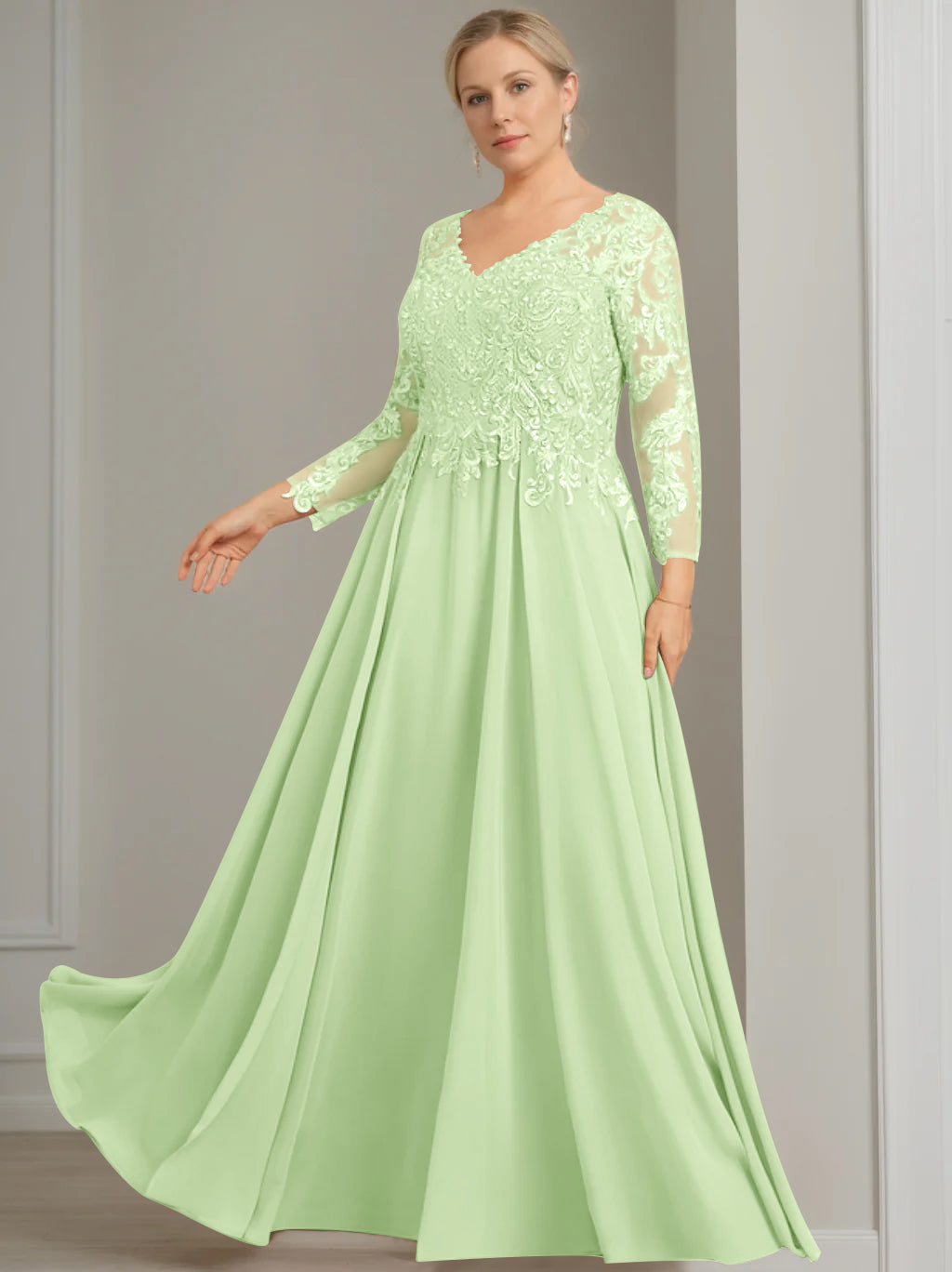 V Neck A Line Gown with 3/4 Sleeves and Sequins for Plus Size Mother of the Bride