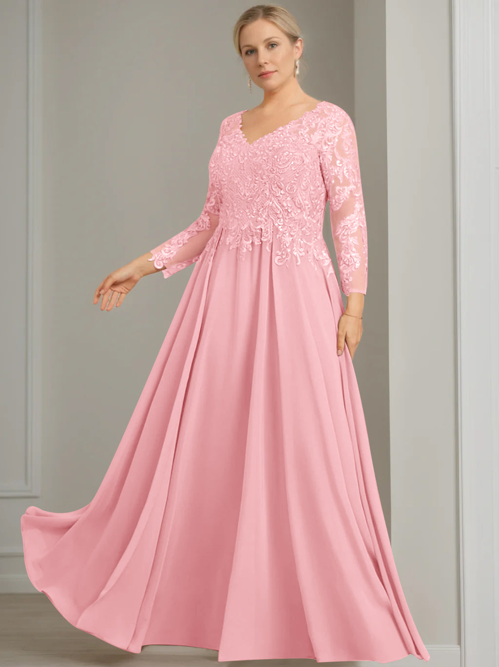V Neck A Line Gown with 3/4 Sleeves and Sequins for Plus Size Mother of the Bride