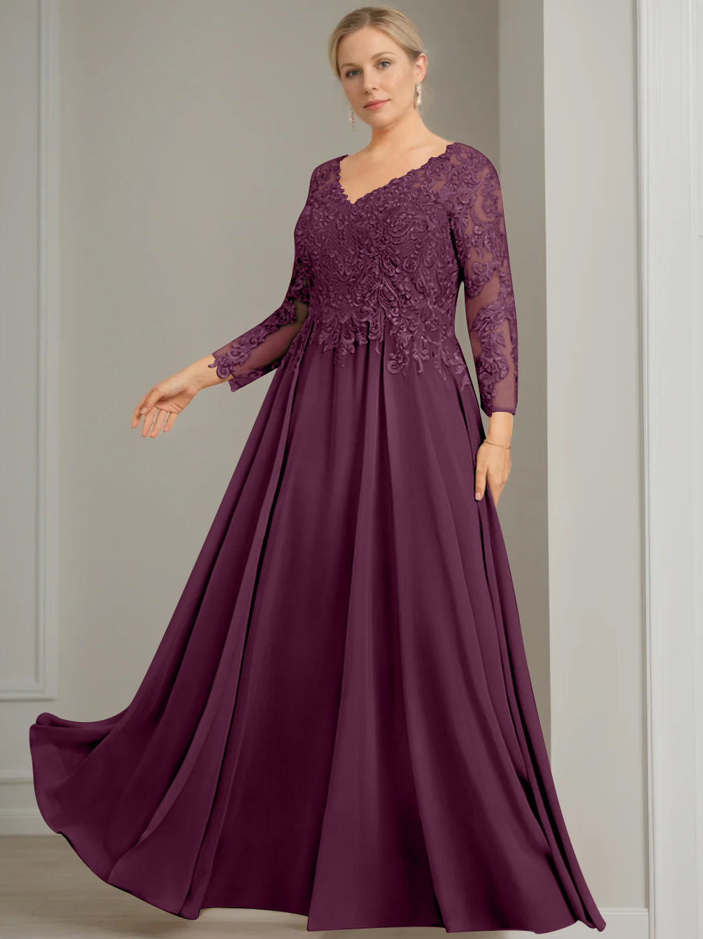 V Neck A Line Gown with 3/4 Sleeves and Sequins for Plus Size Mother of the Bride