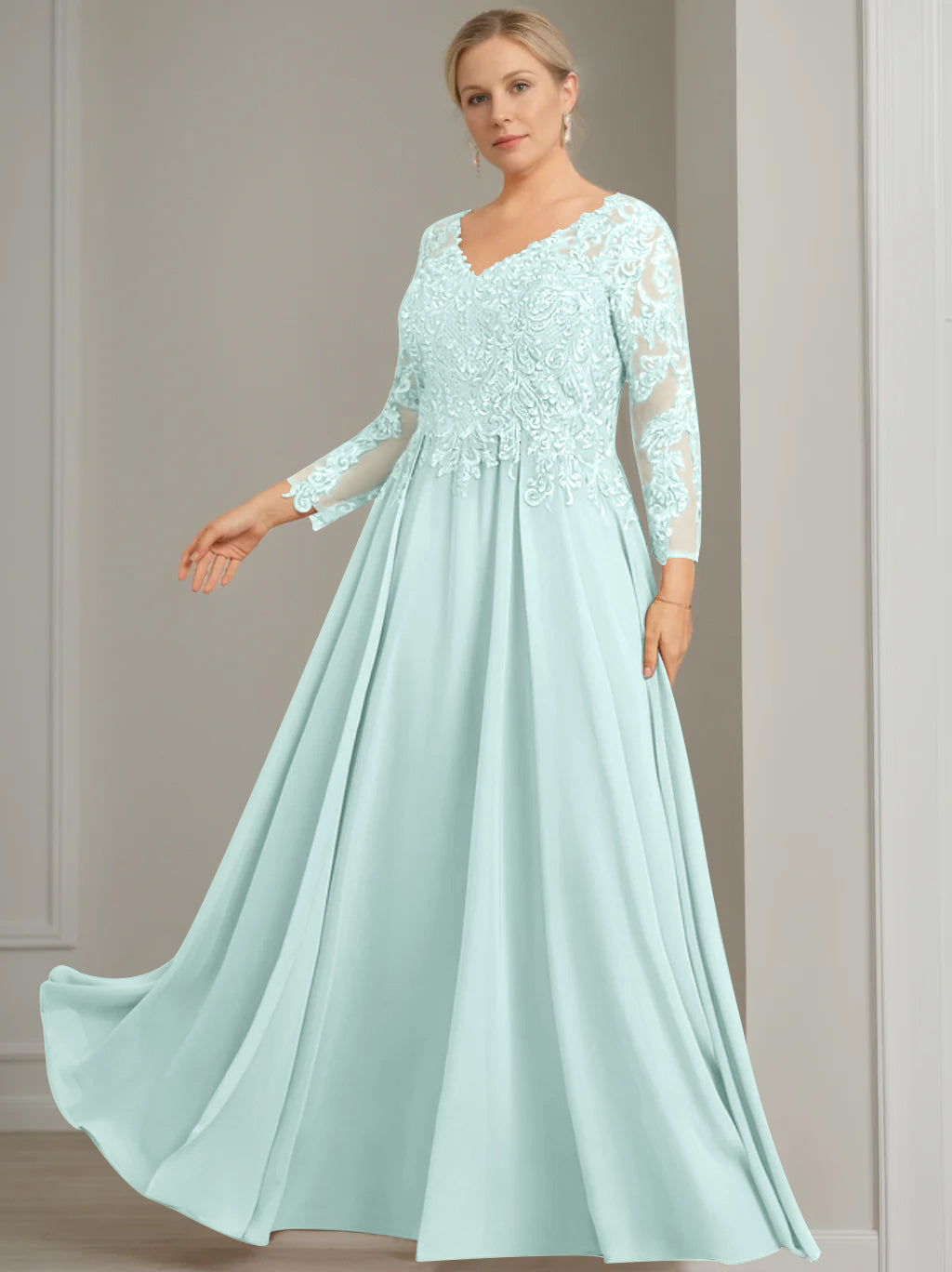 V Neck A Line Gown with 3/4 Sleeves and Sequins for Plus Size Mother of the Bride
