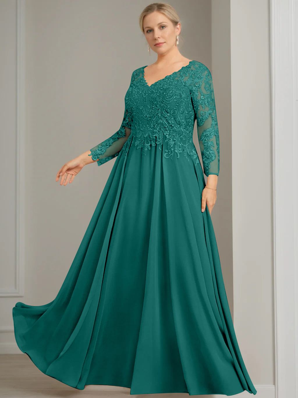 V Neck A Line Gown with 3/4 Sleeves and Sequins for Plus Size Mother of the Bride