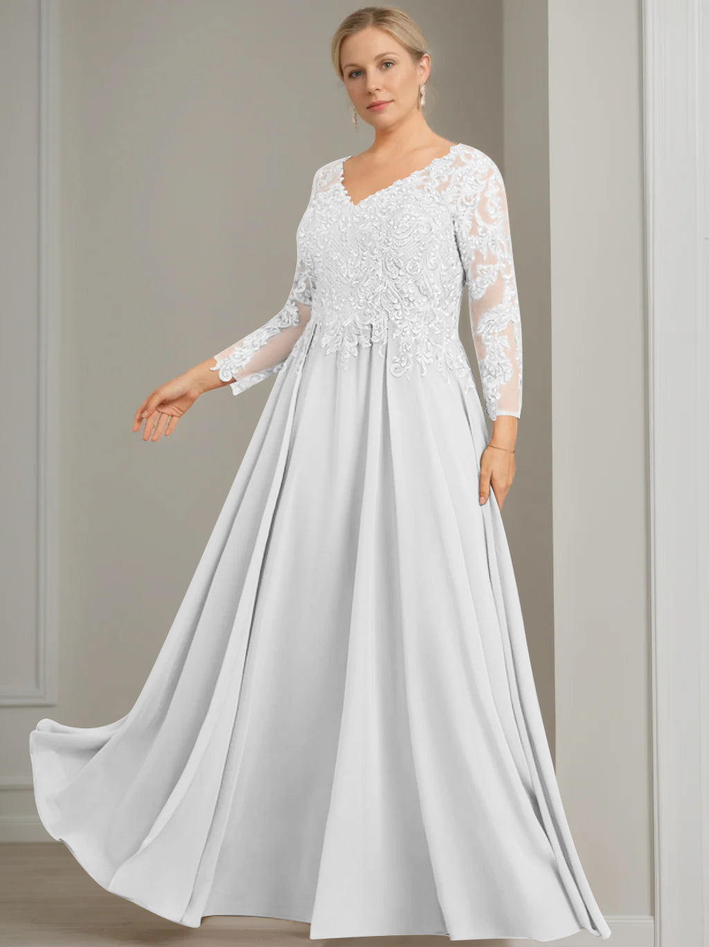 V Neck A Line Gown with 3/4 Sleeves and Sequins for Plus Size Mother of the Bride