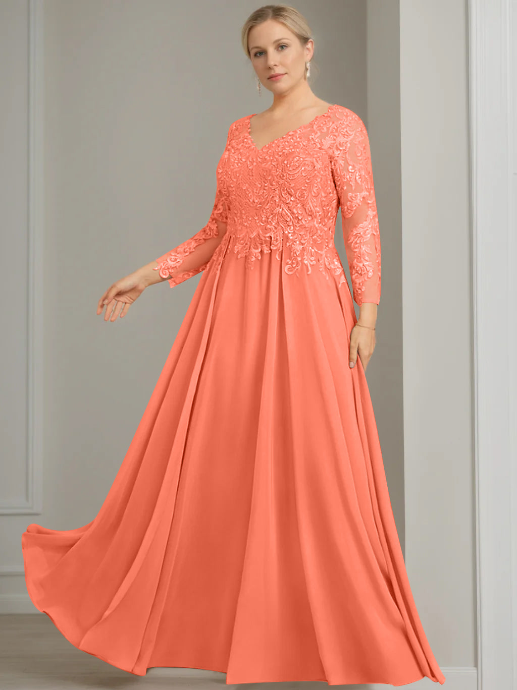 V Neck A Line Gown with 3/4 Sleeves and Sequins for Plus Size Mother of the Bride