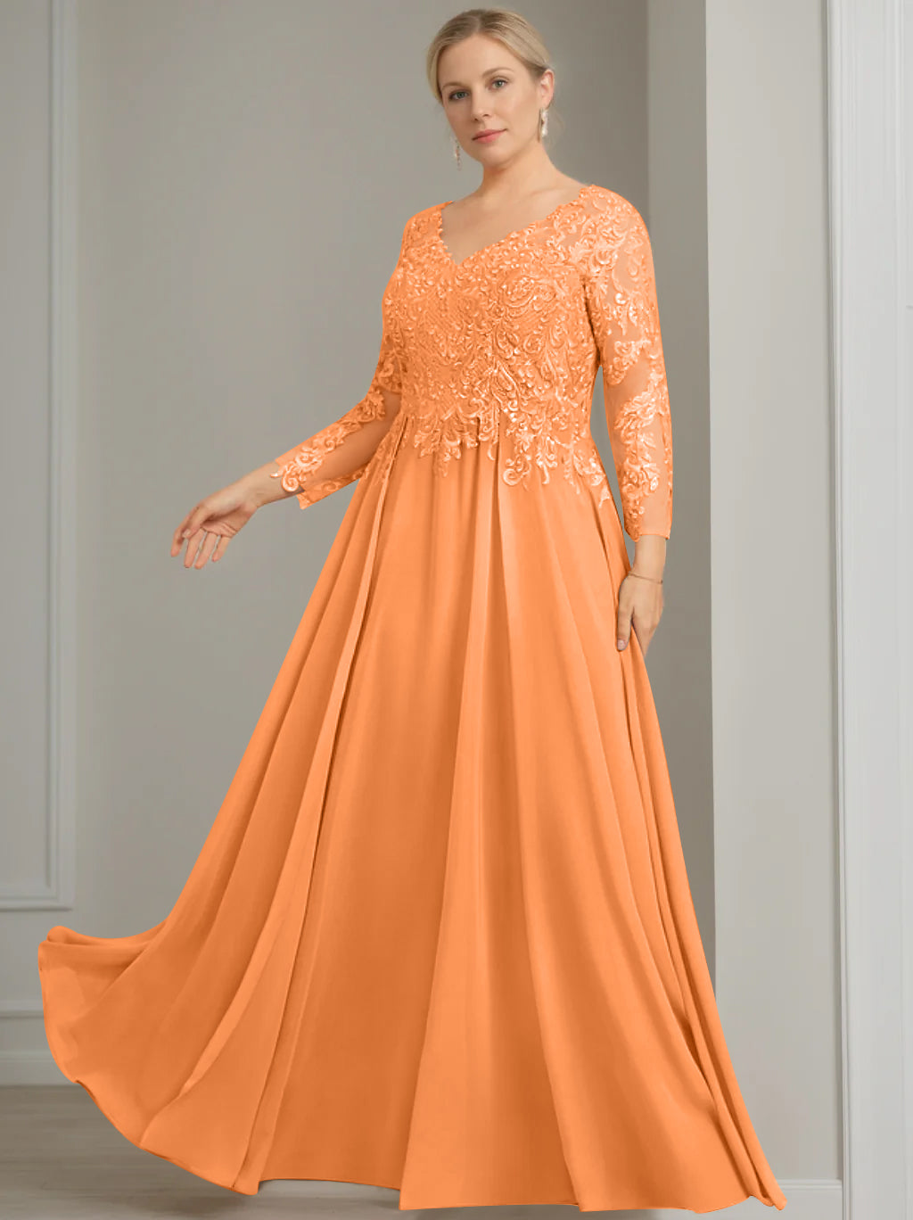 V Neck A Line Gown with 3/4 Sleeves and Sequins for Plus Size Mother of the Bride