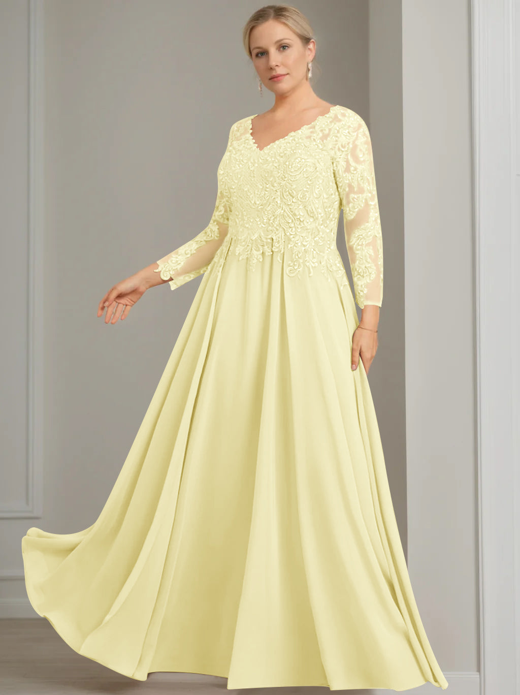 V Neck A Line Gown with 3/4 Sleeves and Sequins for Plus Size Mother of the Bride