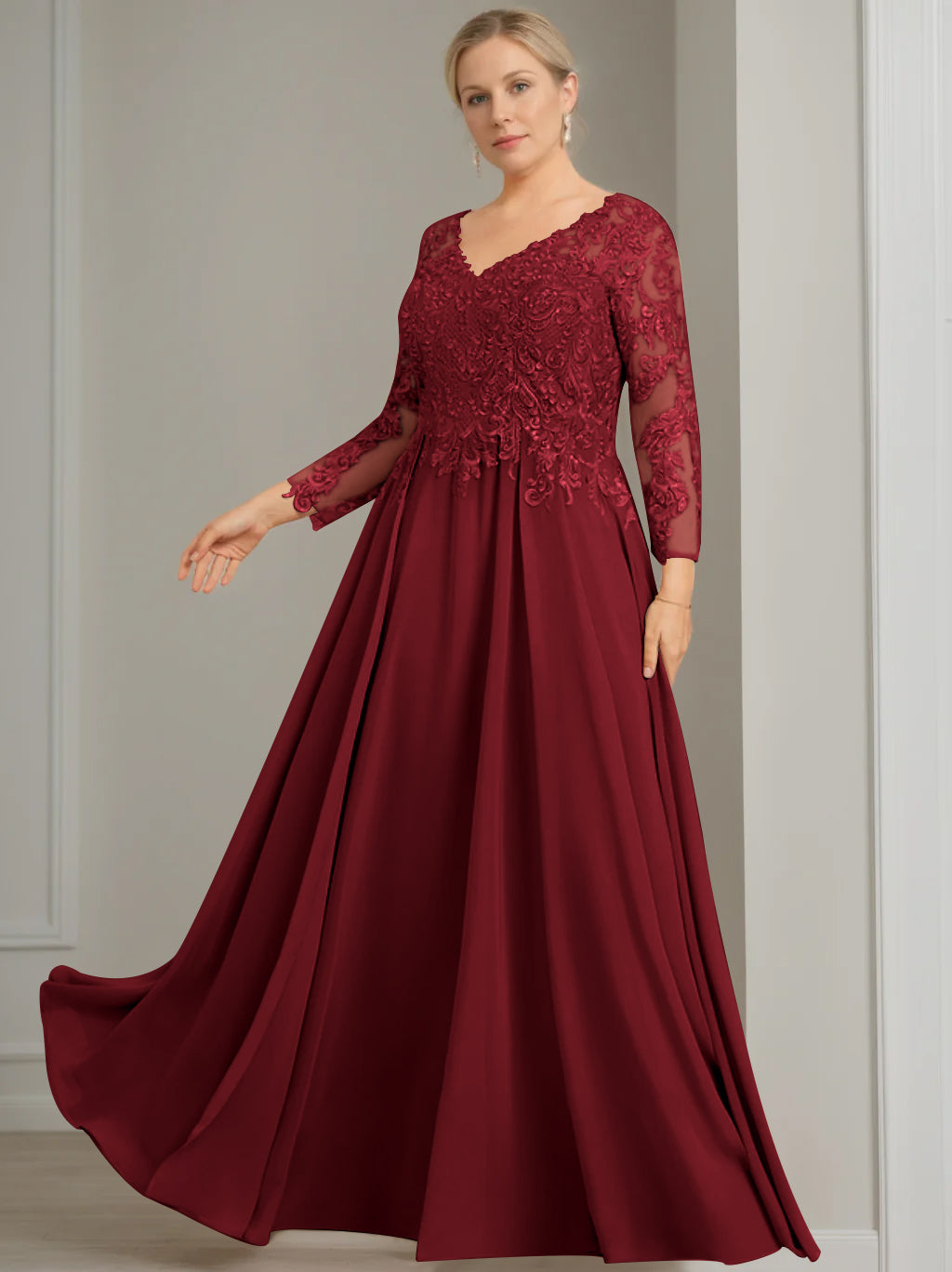 V Neck A Line Gown with 3/4 Sleeves and Sequins for Plus Size Mother of the Bride